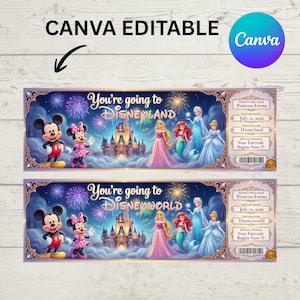 Puede incluir: Dos boletos de Disneyland/Disneyworld con un borde morado y dorado. Los boletos presentan a Mickey y Minnie Mouse, princesas de Disney, fuegos artificiales y el texto "You're going to Disneyland/Disneyworld". Los boletos están etiquetados como "Canva Editable".
