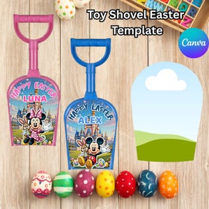 Puede incluir: Palas de juguete rosas y azules con "Felices Pascuas" y los nombres "LUNA" y "ALEX". Cada pala presenta un personaje de Disney y una escena de castillo. Huevos de Pascua coloridos están dispuestos debajo, con una plantilla y el logo de Canva.