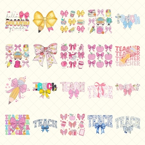 May include: A selection of digital graphics with bows, pencils, apples, books, and the word "teach". The designs include the text "hello second grade". The color scheme includes pink, yellow, blue, and green.