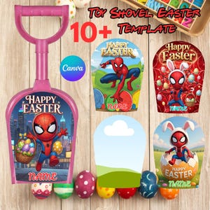 Puede incluir: Una pala de juguete rosa con un asa en forma de D y una pala rectangular con un gráfico de Spider-Man y el texto "HAPPY EASTER". La imagen también incluye plantillas de huevos de Pascua y el texto "TOY SHOVEL EASTER 10+ TEMPLATE".