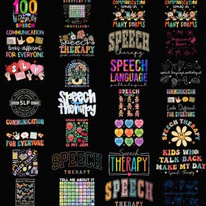 Op de afbeelding: Een verzameling kleurrijke grafische ontwerpen met tekst over logopedie. Ontwerpen bevatten zinnen als "Speech Therapy", "Communication" en "Looks Different For Everyone". De ontwerpen staan op een zwarte achtergrond.