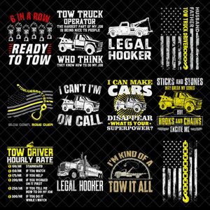 Op de afbeelding: Een verzameling grafische ontwerpen met sleepwagens en gerelateerde tekst. Ontwerpen bevatten zinnen als "Ready to Tow", "Legal Hooker" en "Tow Truck Operator". Het kleurenschema is voornamelijk zwart, wit, geel en rood, met een Amerikaans vlagmotief.