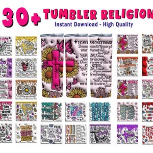 Puede incluir: Una colección de más de 30 diseños de vasos con temas religiosos. Los diseños incluyen cruces, mariposas, girasoles y citas inspiradoras. El texto "30+ TUMBLER RELIGION" se muestra en la parte superior. Descarga instantánea.