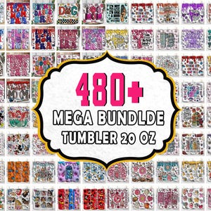 Puede incluir: Una colección de vasos de 20 oz con varios diseños, incluyendo patrones florales, personajes de dibujos animados y citas inspiradoras. La imagen presenta un gráfico grande que dice "480+ MEGA BUNDLE TUMBLER 20 OZ". Los vasos tienen una variedad de colores.