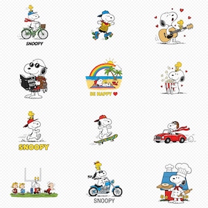 Op de afbeelding: Een verzameling Snoopy cartoon illustraties. Snoopy wordt afgebeeld in verschillende activiteiten, waaronder fietsen, rolschaatsen, gitaar spelen, lezen, ontspannen op een strand, popcorn eten, rennen, skateboarden, autorijden, motorrijden en koken.