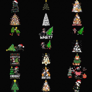Puede incluir: Una colección de diseños de gatos con temática navideña sobre un fondo negro. Los diseños incluyen gatos vestidos con gorros de Papá Noel, árboles de Navidad hechos de gatos y texto que dice "WHAT?" y "THIS JOLLY ENOUGH?"