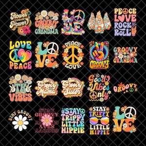 Puede incluir: Una colección de diseños gráficos coloridos de estilo retro con temas de paz, amor y la década de 1960. Los diseños incluyen símbolos de la paz, flores y frases como "Groovy" y "Flower Power" sobre un fondo negro.
