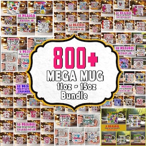 Puede incluir: Una colección de tazas con varios diseños, incluyendo temas como la concienciación sobre el autismo, la enseñanza, la religión, Disney y el Día de San Valentín. La imagen destaca un paquete de más de 800 mega tazas, con tamaños de 312ml a 425ml. Las tazas presentan gráficos y texto coloridos.