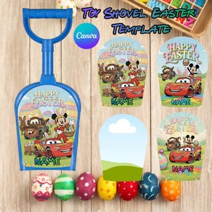 Puede incluir: Una pala de juguete de plástico azul con un mango, con un diseño de "Felices Pascuas" con personajes de dibujos animados y huevos de Pascua. La imagen incluye varias plantillas temáticas de Pascua y huevos decorados.