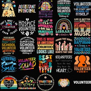May include: A collection of colorful graphic designs with text related to volunteering. Designs include phrases like "Volunteer Squad," "Best Volunteer Ever," and "Hands That Serve." The designs are in various fonts and colors.