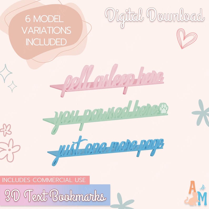 K&ouml;nnte beinhalten: Drei 3D-Text-Lesezeichen in Rosa, Gr&uuml;n und Blau, jedes mit einem anderen Satz: &bdquo;fell asleep here&ldquo;, &bdquo;you paused here&ldquo; und &bdquo;just one more page&ldquo;. Das Bild enth&auml;lt auch den Text &bdquo;Digital Download&ldquo; und &bdquo;3D Text Bookmarks&ldquo;.