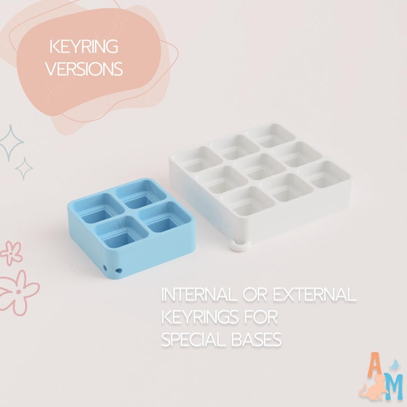 May include: A light blue square silicone mold with four cavities and a white square silicone mold with nine cavities. The text KEYRING VERSIONS and INTERNAL OR EXTERNAL KEYRINGS FOR SPECIAL BASES is visible on the image.