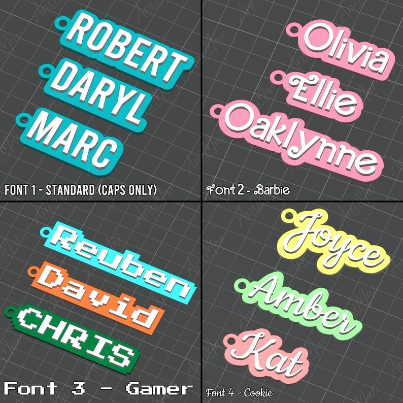 May include: A collection of name tags in various fonts and colors. The tags include names like Robert, Daryl, Marc, Olivia, Ellie, Oaklynne, Reuben, David, Chris, Joyce, Amber, and Kat. The image also displays the font styles: Standard, Barbie, Gamer, and Cookie.