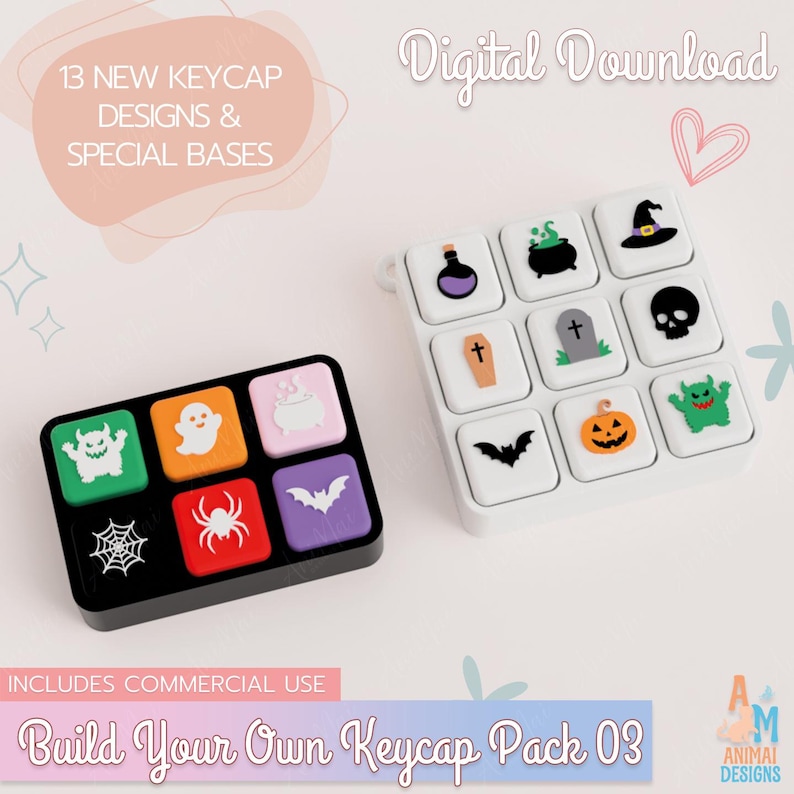 May include: A digital download set of 13 keycap designs and special bases featuring Halloween icons like ghosts, spiders, bats, skulls, pumpkins, and potions. The set includes a black tray with six colorful keycaps and a white tray with nine white keycaps.
