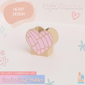 May include: A heart-shaped soap holder with a light pink concha bread pattern on the front face. The object is beige and features a textured grid design on the heart surface. Text on the image includes Digital Download, Heart Design, Includes Commercial Use, and Concha Soap Holder.