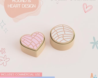 May include: Two fidget clickers, one heart-shaped and one round, featuring a light pink and white concha bread pattern on top. The text reads Digital Download, ROUND & HEART DESIGN, INCLUDES COMMERCIAL USE, and Concha Fidget Clicker.