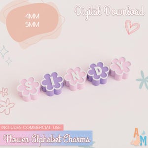 Puede incluir: Cinco cuentas de alfabeto con forma de flor que deletrean SINDY, con p&eacute;talos alternos de color rosa claro y morado con centros blancos. Las cuentas est&aacute;n etiquetadas como 4mm y 5mm, con texto Digital Download y Flower Alphabet Charms.