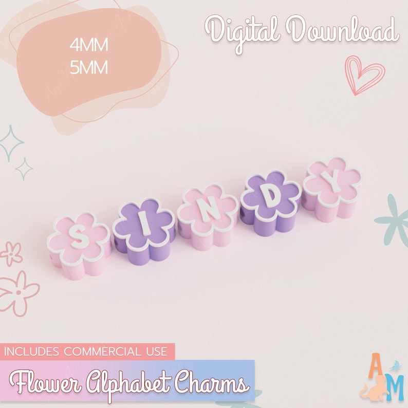 Puede incluir: Cinco cuentas de alfabeto con forma de flor que deletrean SINDY, con p&eacute;talos alternos de color rosa claro y morado con centros blancos. Las cuentas est&aacute;n etiquetadas como 4mm y 5mm, con texto Digital Download y Flower Alphabet Charms.