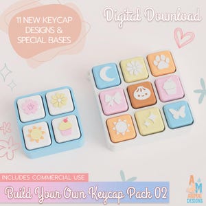 May include: A digital download set featuring 11 new keycap designs and special bases, labeled Build Your Own Keycap Pack 02. The image displays square keycaps in pastel colors with icons including a moon, flower, paw print, bow, dumpling, cupcake, sun, sparkles, and butterfly.