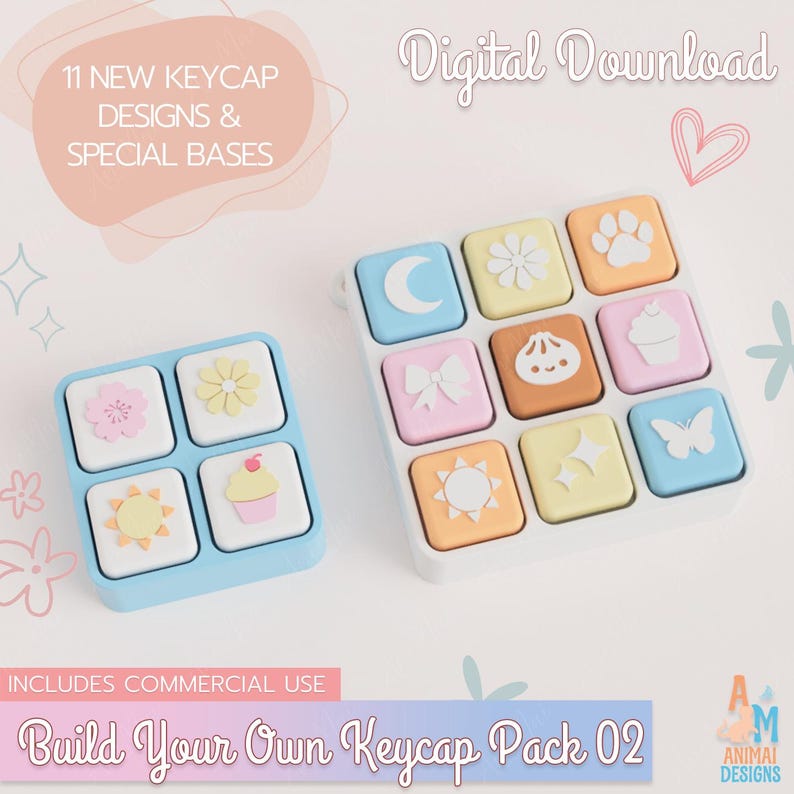 Op de afbeelding: Een digitale downloadset met 11 nieuwe keycap-ontwerpen en speciale basissen, gelabeld Build Your Own Keycap Pack 02. De afbeelding toont vierkante keycaps in pastelkleuren met iconen waaronder een maan, bloem, pootafdruk, strik, dumpling, cupcake, zon, sterretjes en vlinder.
