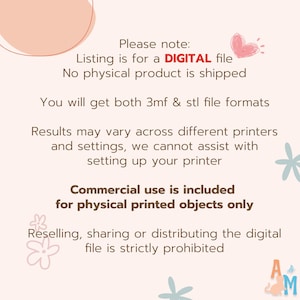 K&ouml;nnte beinhalten: Eine digitale Dateiauflistung mit dem Text "Listing is for a DIGITAL file. No physical product is shipped." Das Bild gibt auch an, dass die kommerzielle Nutzung nur f&uuml;r physisch gedruckte Objekte enthalten ist.