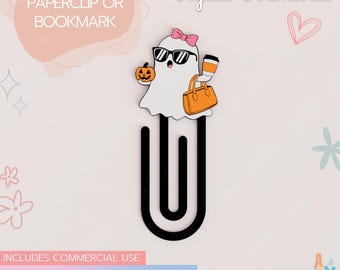 May include: A black paperclip or bookmark featuring a white ghost illustration wearing black sunglasses and a pink bow. The ghost holds a small orange pumpkin, a coffee cup, and an orange handbag. Text includes Digital Download, PAPERCLIP OR BOOKMARK, INCLUDES COMMERCIAL USE, and Boojee Ghost Paperclip.