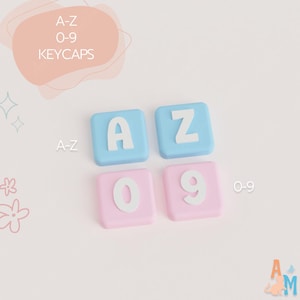 May include: Four square keycaps with rounded corners. Two light blue keycaps feature the white letters A and Z, while two light pink keycaps feature the white numbers 0 and 9. Text on the image includes A-Z 0-9 KEYCAPS, A-Z, and 0-9.