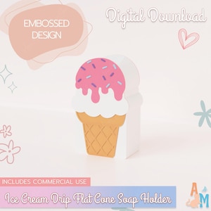 May include: A white soap holder shaped like an ice cream cone with a pink scoop and sprinkles. The cone is tan with a waffle pattern. The text "Ice Cream Drip Flat Cone Soap Holder" is at the bottom.
