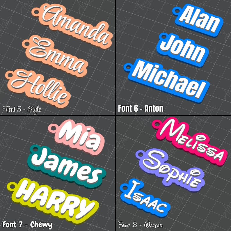 May include: A collection of name tags in various colors and fonts. Names include Amanda, Emma, Hollie, Alan, John, Michael, Mia, James, Harry, Melissa, Sophie, and Isaac. Each tag has a small hole for attachment and features different font styles.