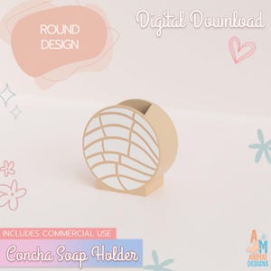 May include: A beige round soap holder with a white concha bread pattern on the front. The image includes text that reads Digital Download, Round Design, Includes Commercial Use, and Concha Soap Holder, along with various small graphic icons.