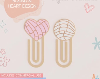 Op de afbeelding: Twee paperclips met concha-broodontwerpen, één hartvormig in roze en één rond in wit. De tekst bevat Digital Download, ROUND & HEART DESIGN, INCLUDES COMMERCIAL USE en Concha Paperclip, met een ANIMAL DESIGNS-logo.
