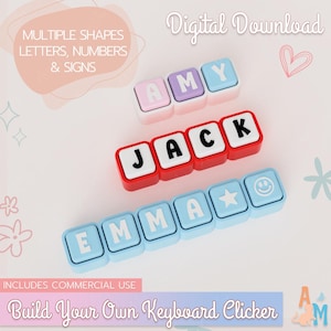 Pode incluir: Um conjunto de blocos quadrados tipo teclado com letras, números e sinais. Os blocos estão dispostos em linhas soletrando AMY, JACK e EMMA, com cores incluindo azul claro, roxo, vermelho e branco. O texto inclui Digital Download.