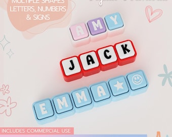 May include: A digital download set of square keyboard clicker blocks featuring letters, numbers, and signs. The blocks are displayed in three rows spelling AMY in pastel pink and blue, JACK in red and white, and EMMA with a star and smiley face.
