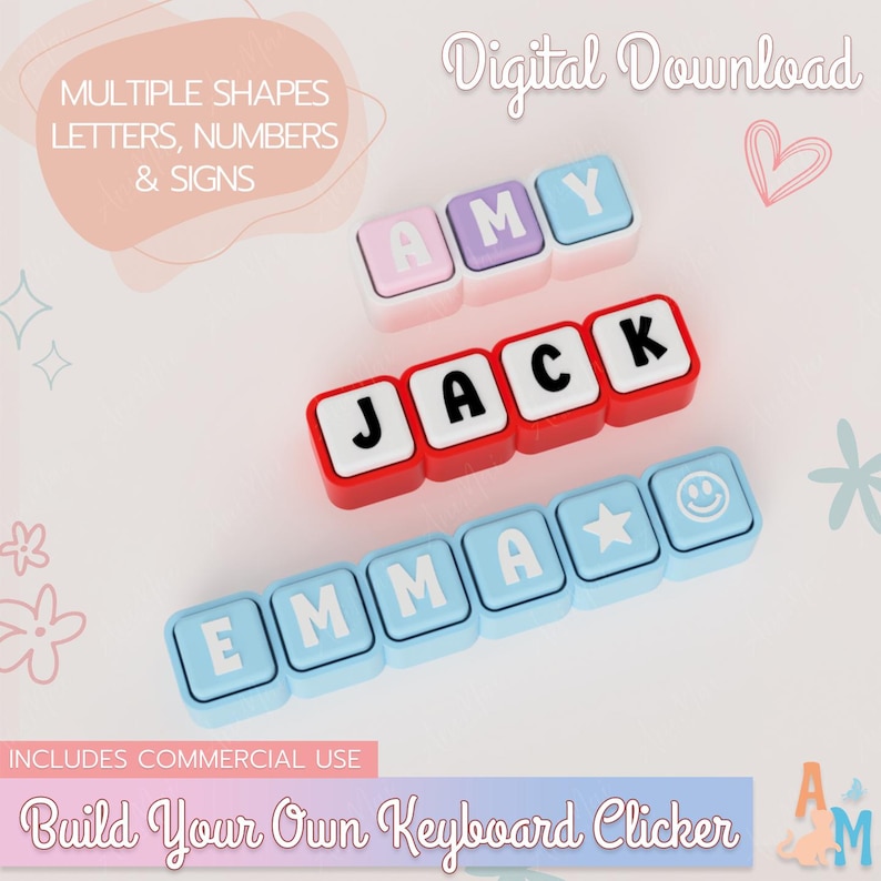 May include: A digital download set of square keyboard clicker blocks featuring letters, numbers, and signs. The blocks are displayed in three rows spelling AMY in pastel pink and blue, JACK in red and white, and EMMA with a star and smiley face.