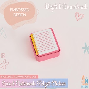 May include: A pink spiral notebook fidget clicker with a white cover featuring pink horizontal lines and yellow spiral binding. The image includes the text Digital Download, Embossed Design, Includes Commercial Use, and Spiral Notebook Fidget Clicker.