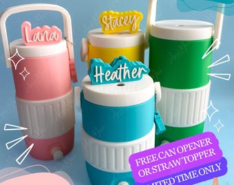 Water Cooler Can Cooler Cosy with Custom Straw Topper and Tab Opener