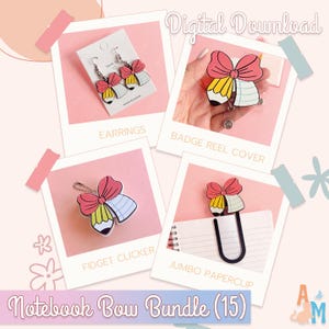 Op de afbeelding: Een digitale download afbeelding met een notitieboekstrikbundel. De afbeelding toont oorbellen, een badge reel cover, een fidget clicker en een jumbo paperclip, elk met een strik ontwerp. De strikken hebben roze, gele en blauwe accenten.