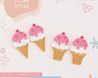 Op de afbeelding: Vier ijsdruppel oorbellen. Elke oorbel heeft een roze ijsbol met hagelslag, witte slagroom en een bruine wafelkegel. De afbeelding bevat de tekst "Digital Download" en "Ice Cream Drip Earrings".