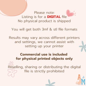 Puede incluir: Un aviso de archivo digital sobre un fondo rosa claro con ilustraciones de flores y corazones dibujadas a mano. El texto dice: Please note: Listing is for a DIGITAL file. No physical product is shipped. You will get both 3mf & stl file formats.