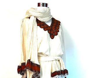 Habesha Dress Vintage Traditional Ethiopian Gauze Dress with Gorgeous Embroidery Matching Tie Belt and Netsela Shawl