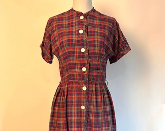 50s Cotton Dress Plaid Fit And Flare Full Skirt Size 6 Vintage 50s