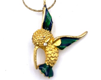 Hummingbird Pendant Necklace Gold Tone Metal Bird with Green Enamel Wings and Rhinestone Eye on a Delicate 24 Inch Chain Vintage 70s