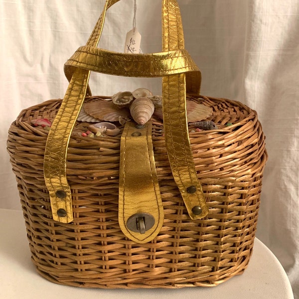 Vintage 1950s Wicker Box Bag with Gold Leather and Shells