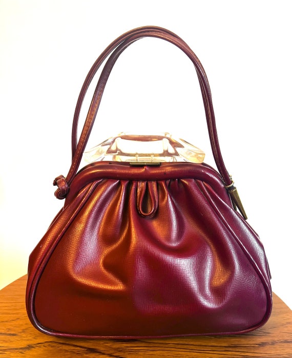 1930s Handbag Art Deco Burgundy Faux Leather with… - image 1