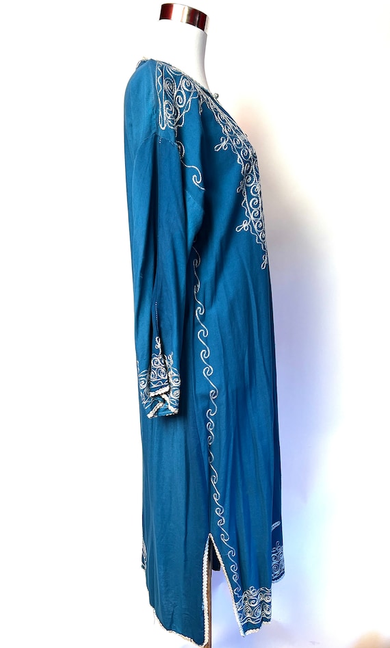 Embroidered Kaftan Dress Vintage 1970s Blue Cotto… - image 3