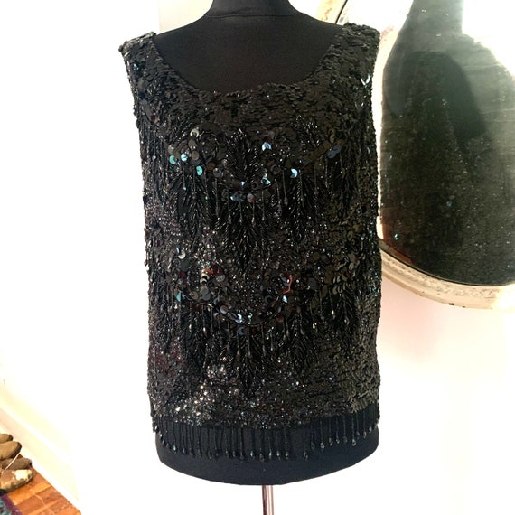 Black Beaded  Sequin Top with 3 Rows Fringe Back … - image 1