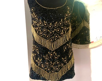 Gold and Black Beaded Top with Fringe Back Zipper Wool Knit Totally Hand Beaded in Hong Kong Vintage 50s Size 38