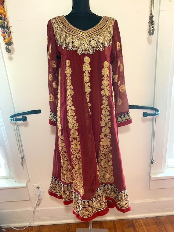 Vintage 80s Silk Dress Gold Embroidery from India