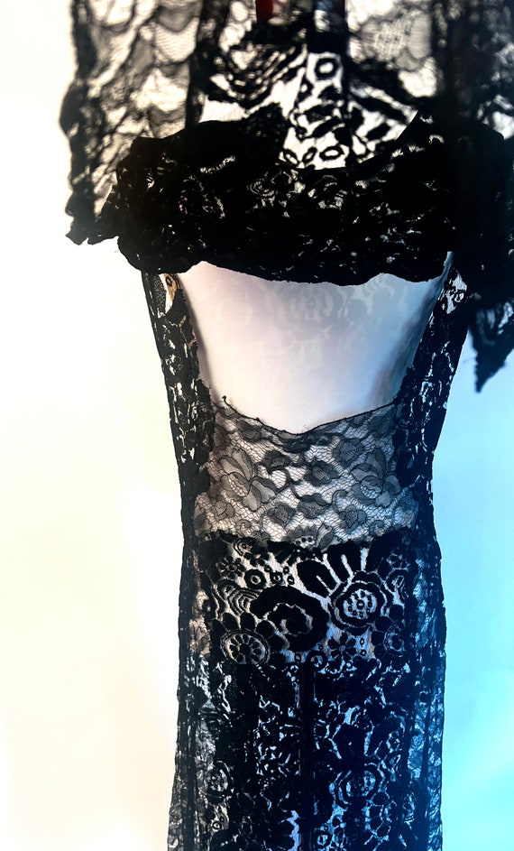 1920s Black Lace Sheer Dress with Floating Should… - image 4
