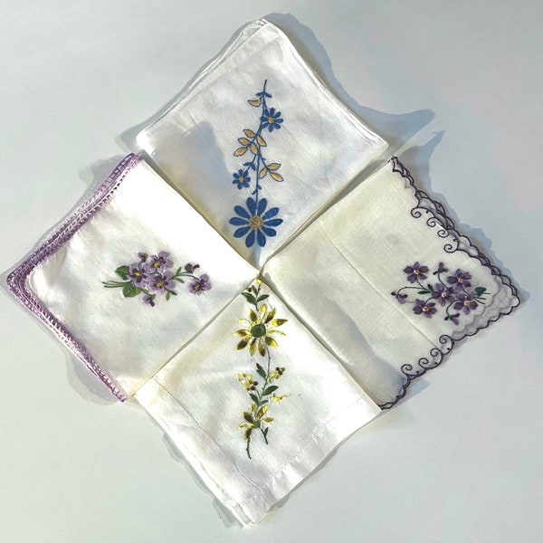 Vintage Hankies Lot of Four Cotton Flower Embroidered One with Crochet Trim One with Scalloped Edges H63